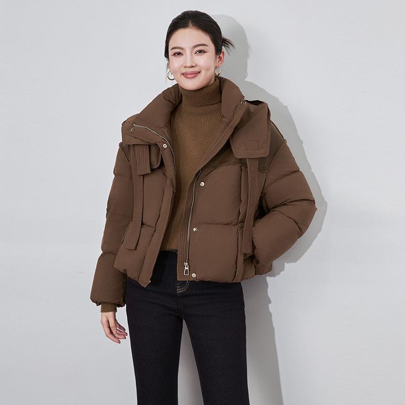 巨好看的冬装外套厚时尚通勤暗扣皮革拼接连帽羽绒服白鸭绒短款女