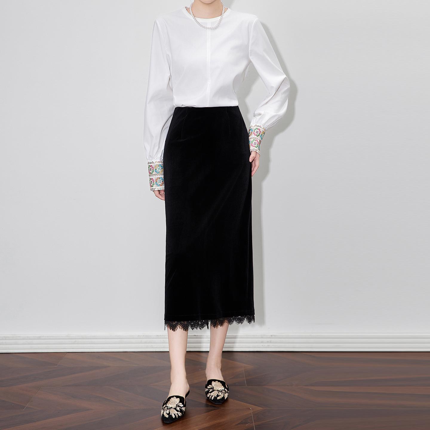 轻奢通勤优雅蕾丝拼接丝绒半身裙中长直筒秋冬新款女女款秋冬