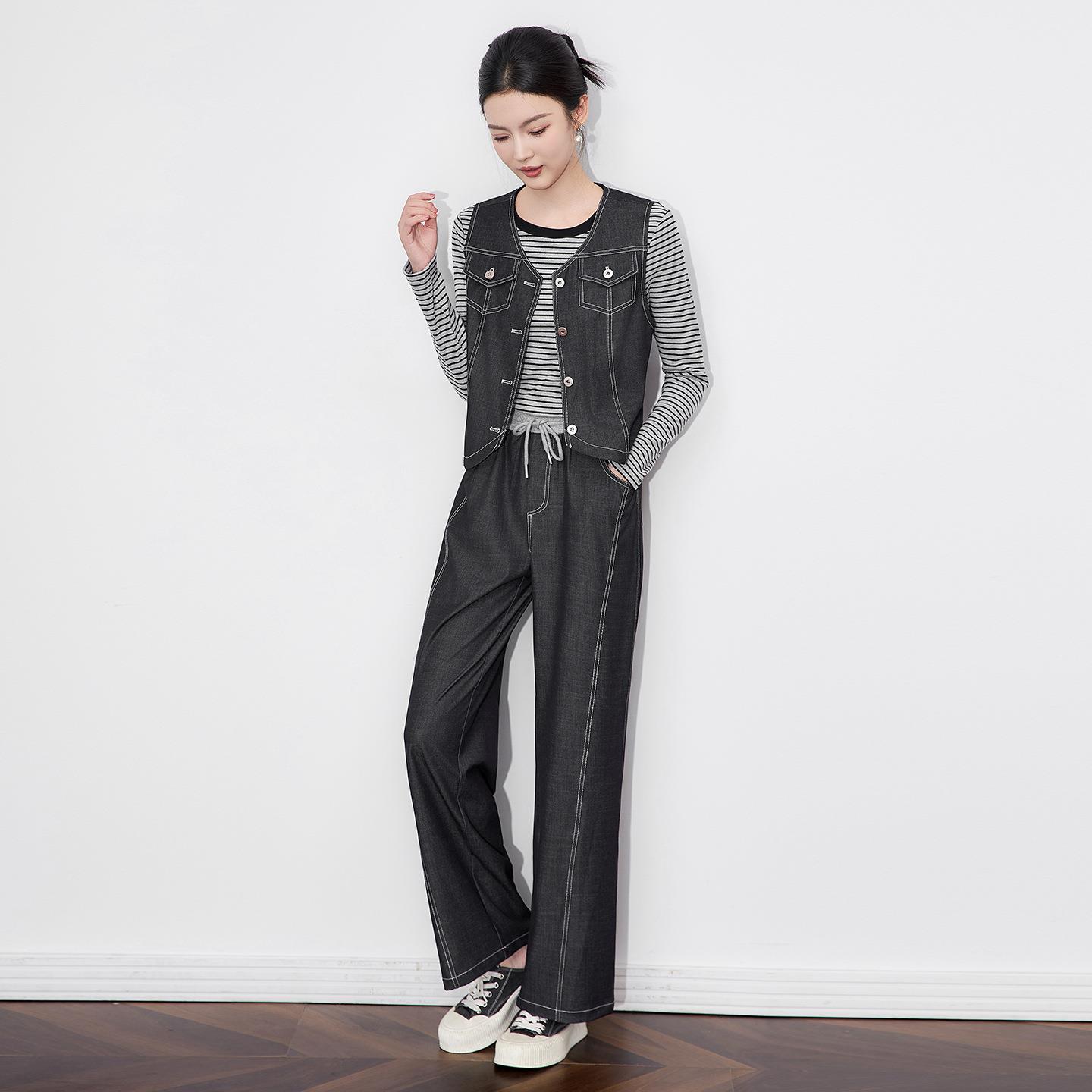 2025新款休闲时髦松弛三件马甲+条纹长袖恤+阔腿长裤秋冬新