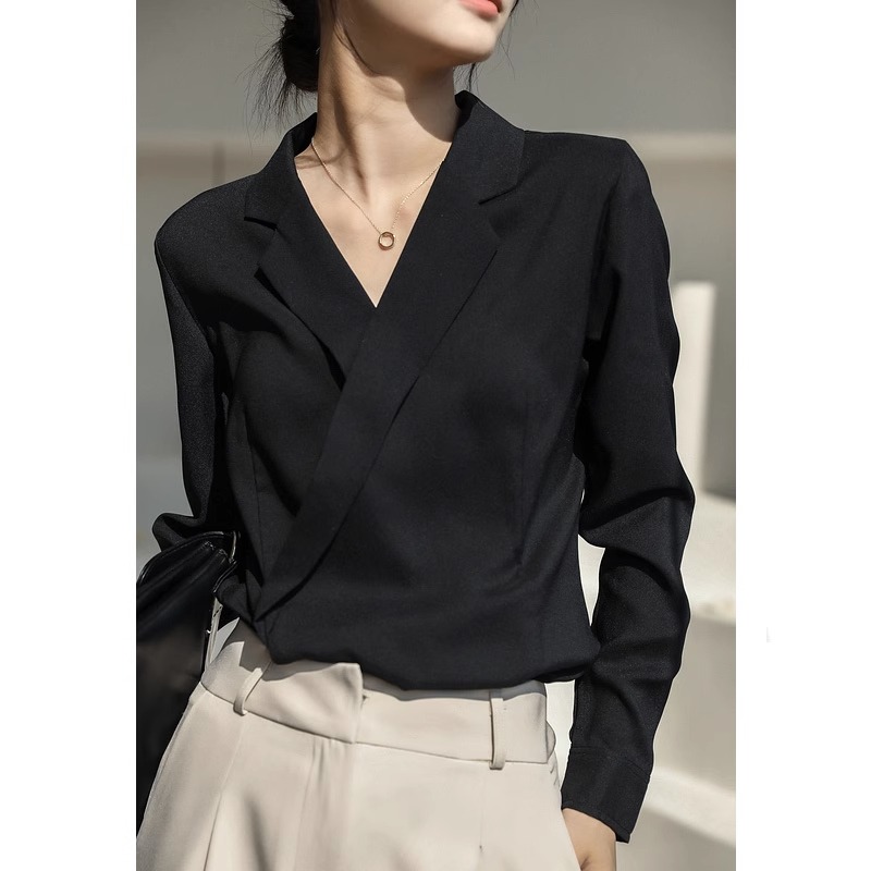法式小众西装领黑色真丝衬衫女设计感交叉式V领醋酸缎面长袖衬衫