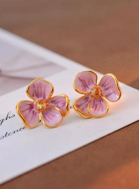 法式复古花瓣天然珍珠耳饰 珠光渐变超仙耳环花朵珐琅耳钉 A10298