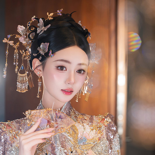 秀禾服头饰新娘新中式浅粉紫色