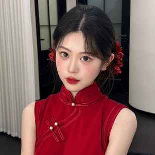 新中式头饰红色敬酒服头饰新娘头饰高级感订婚发饰花朵发钗简约风