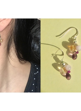 playdate葡萄紫水滴透明感琉璃天然石水晶S925银耳环无耳洞耳夹