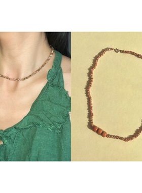 playdate粉棕暖调木珠自然感复古珠珠项链锁骨链