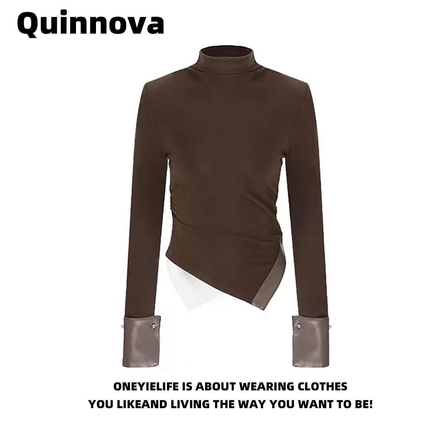 Quinnova 设计感不规则高领拼皮长袖上衣女修身酷飒风气质打底T恤,女装/女士精品,上衣,淘宝优惠券,粉丝福利购,淘宝优惠卷
