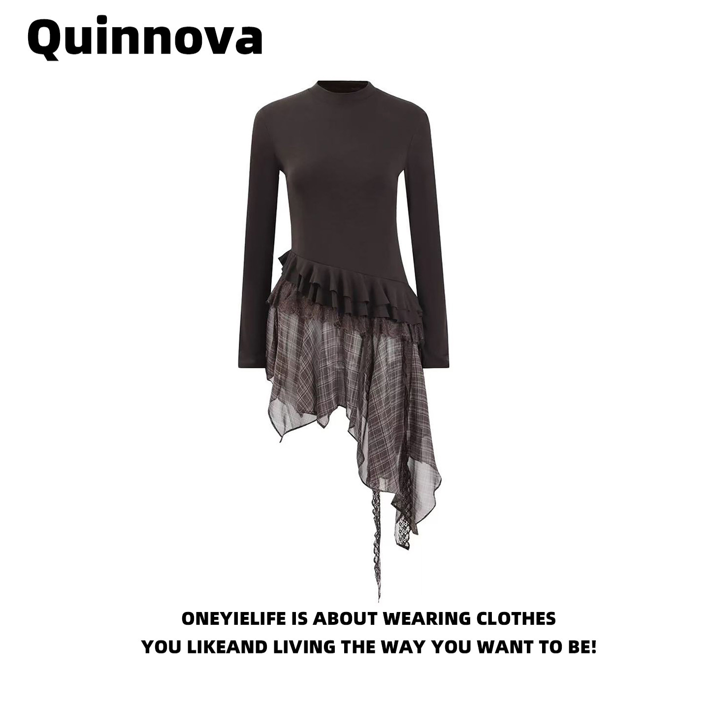 Quinnova 设计感不对称拼接格纹花边长袖上衣女高腰百搭时髦T恤裙,女装/女士精品,裙子,淘宝优惠券,粉丝福利购,淘宝优惠卷