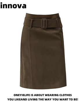 Quinnova 高级感轻奢高腰麂皮半身裙女春夏显瘦腰带设计感中裙子