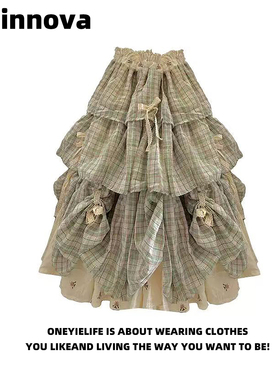 Quinnova 甜美风格纹蝴蝶结蛋糕裙女春新款高腰层次感半身裙长裙