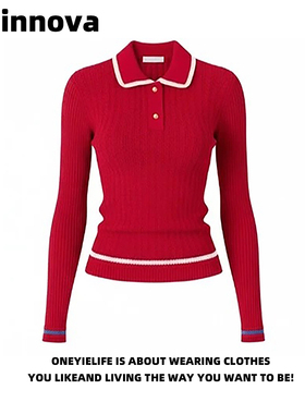 Quinnova 红色POLO翻领针织衫女春长袖修身显瘦百搭时髦减龄上衣