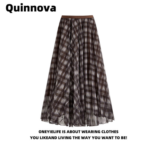复古格纹网纱不规则半身裙女长裙