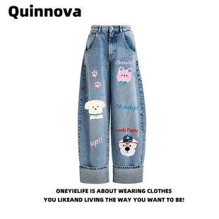 女宽松高腰显瘦直筒长裤 Quinnova 多巴胺可爱卡通小狗印花牛仔裤