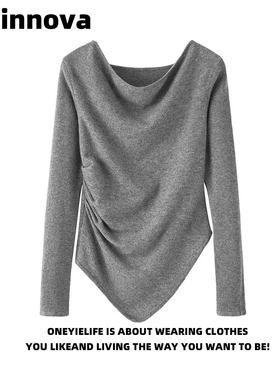 Quinnova 轻奢极简一字领针织衫女春不规则修身长袖灰色套头上衣