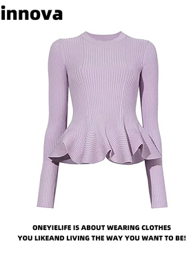 Quinnova 淑女风紫色针织衫女春修身显瘦气质套头长袖上衣小个子