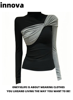 Quinnova 美式辣妹风半高领撞色长袖T恤女早春修身显瘦打底衫上衣