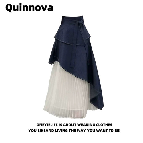 不规则褶皱拼接系带A字半身长裙