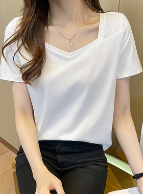 百搭短袖t恤女装夏季新款宽松休闲显瘦v领纯色上衣白色体恤打底衫