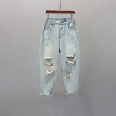 垮裤 浅蓝色破洞老爹牛仔裤 高腰休闲宽松哈伦裤 新款 女薄2026年夏季