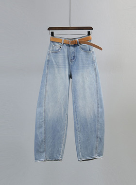 浅蓝色高腰弯刀牛仔裤女2025春夏新款宽松显瘦窄版休闲阔腿裤长裤