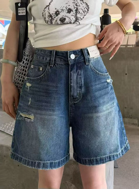 蓝色复古高腰牛仔短裤女2026夏季新款百搭显瘦宽松休闲阔腿四分裤