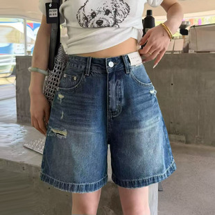 蓝色复古高腰牛仔短裤女2026夏季新款百搭显瘦宽松休闲阔腿四分裤