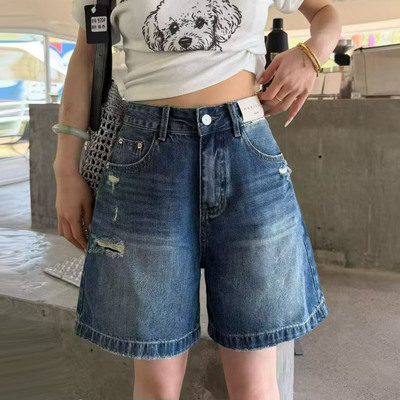 蓝色复古高腰牛仔短裤女
