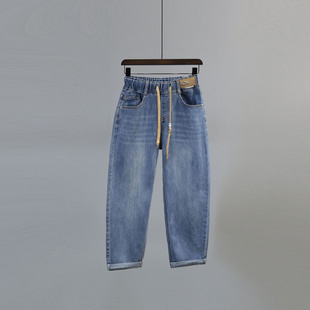 宽松显瘦休闲弹力九分哈伦萝卜裤 松紧腰老爹牛仔裤 女2026春夏新款