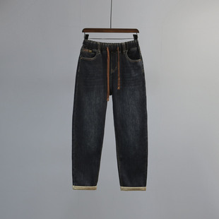 长裤 宽松显瘦休闲老爹萝卜裤 女2025秋冬新款 复古松紧腰哈伦牛仔裤
