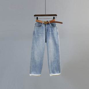 宽松显瘦休闲直筒男友裤 新款 女2025冬季 浅蓝色加绒加厚老爹牛仔裤