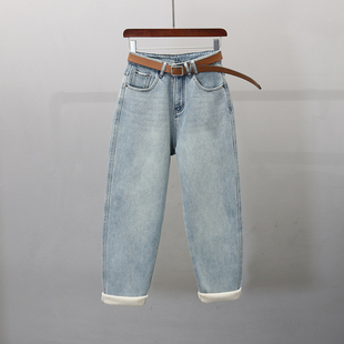 高腰显瘦宽松老爹萝卜裤 新款 女2024冬季 浅蓝色加绒加厚哈伦牛仔裤