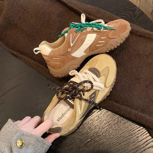 葡萄妈同款拼色设计厚底内增高阿甘鞋新款运动休闲真皮德训鞋女鞋