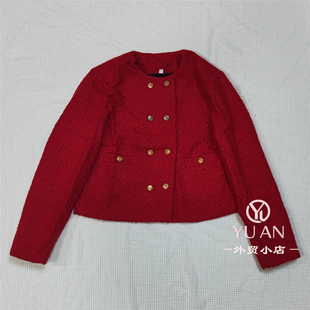 2025年秋季新款显白红色圆领短款外套女小香风双排扣西装上衣西服