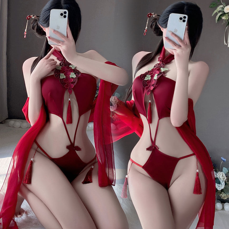 古风汉服性感挂脖连体情趣肚兜式内衣纯欲风三点暴漏成人诱惑套装