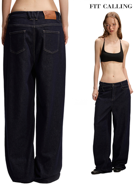 fit calling 简约通勤不规则斜腰宽松直筒水洗原色高腰阔腿牛仔裤