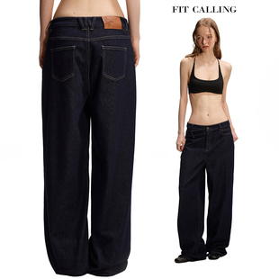 fit calling 简约通勤不规则斜腰宽松直筒水洗原色高腰阔腿牛仔裤