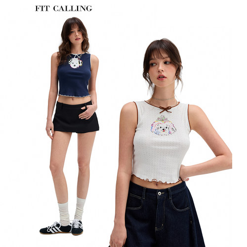 fit calling 可爱俱乐部狗狗印花拷密边背心女士夏季外穿无袖上衣