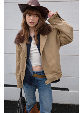 fit calling 复古工装短款可拆卸毛领夹棉外套女冬季新款加厚上衣