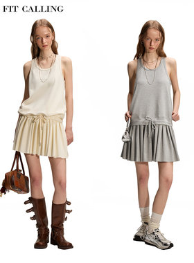 fit calling 背心腰部抽带百褶连衣裙女夏季新款短款背心裙