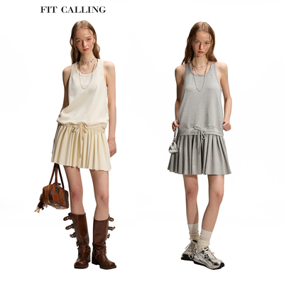 fit calling 背心腰部抽带百褶连衣裙女夏季新款短款背心裙