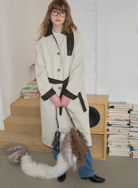 fit calling 格纹双拼正反两穿厚风衣女秋宽松系带慵懒感长款外套