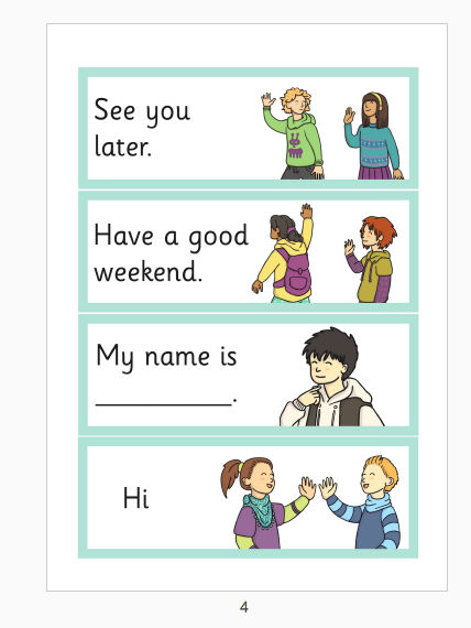 幼儿园英语英文常用问候短语短句16句教室装修装饰布置海报a4四张