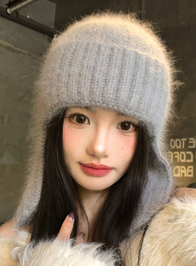灰色兔毛针织飞行帽女秋冬季