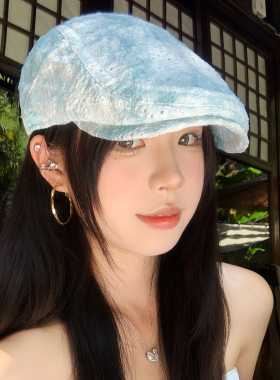 复古蓝色扎染花朵前进帽文艺时尚显脸小贝雷帽女夏季薄款画家帽子