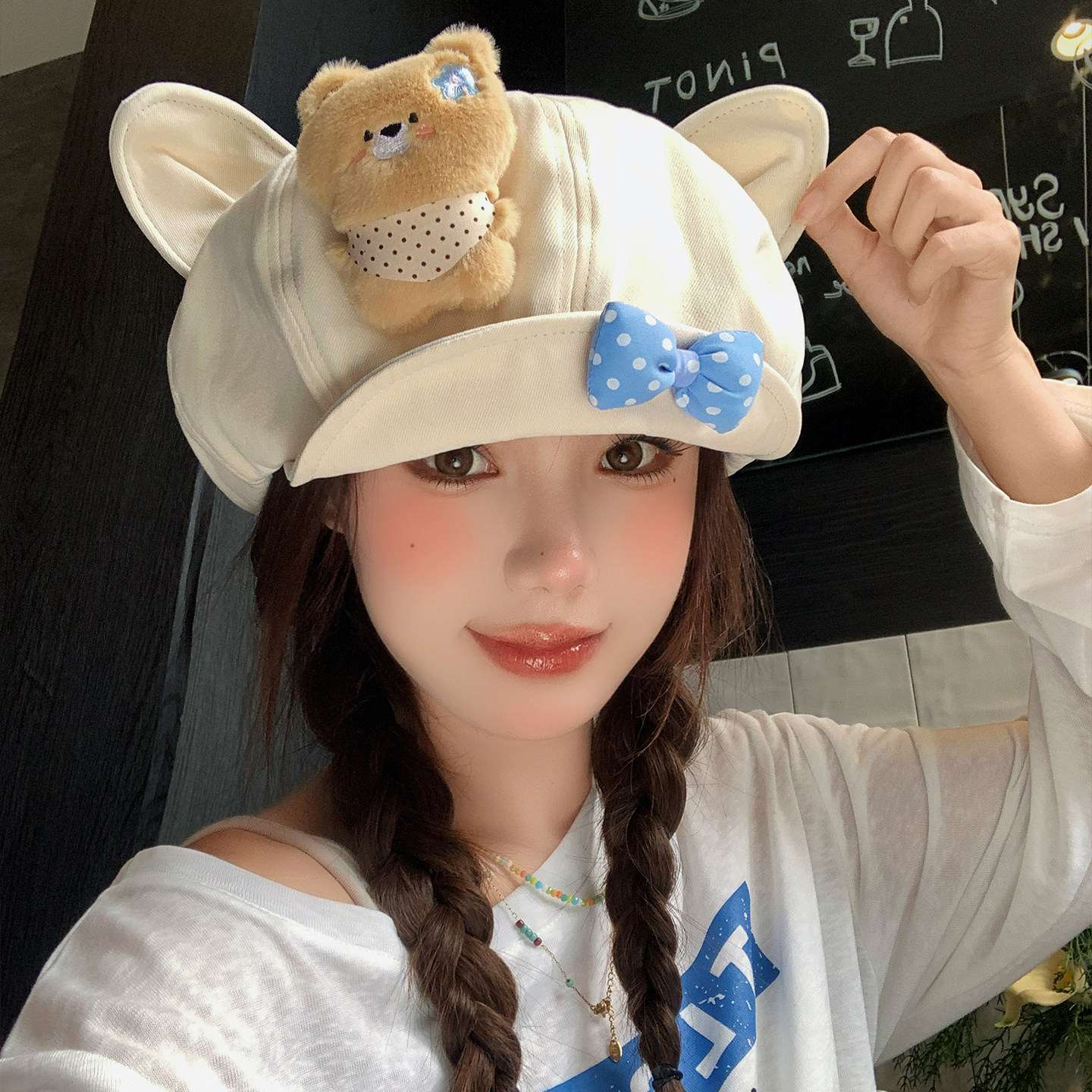 可爱卡通小熊猫耳八角贝雷帽女甜美显脸小蝴蝶结翻檐报童画家帽子