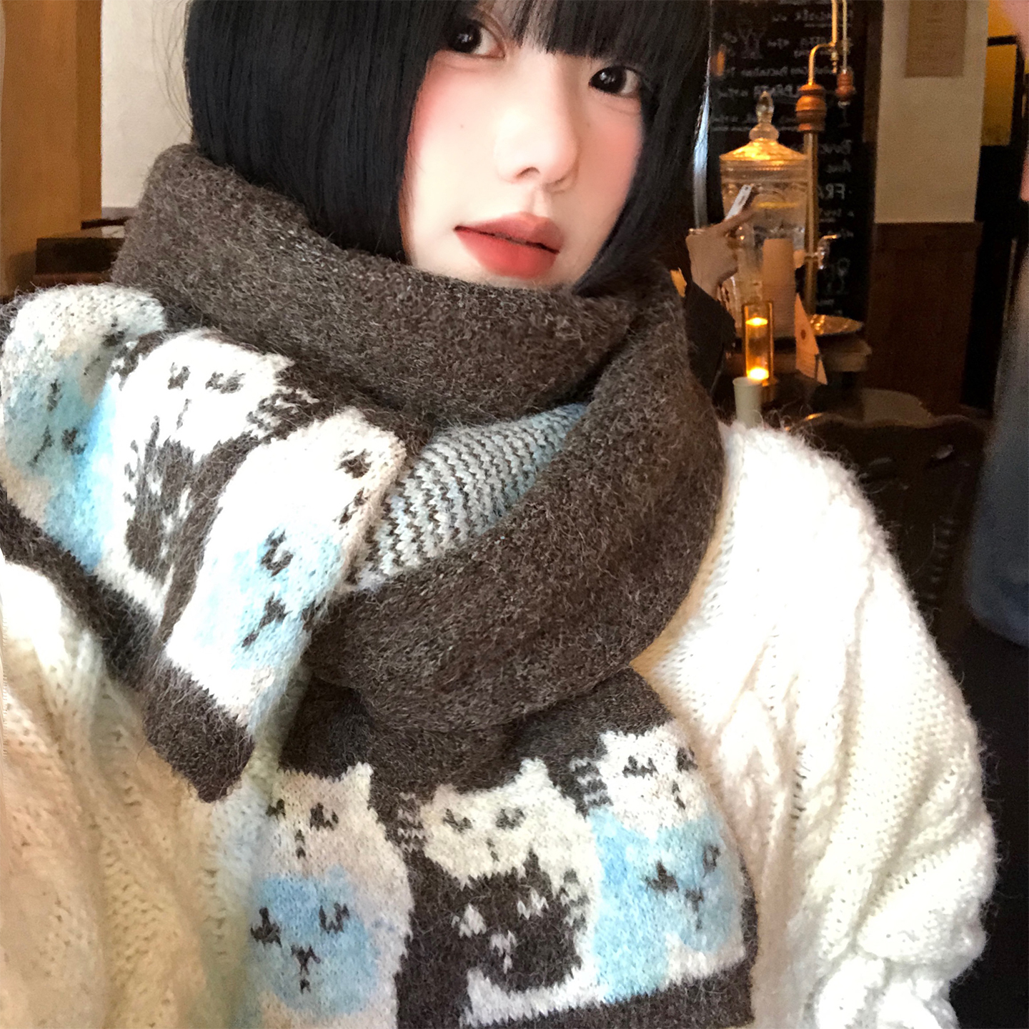 可爱卡通咖色猫咪针织围巾女秋冬
