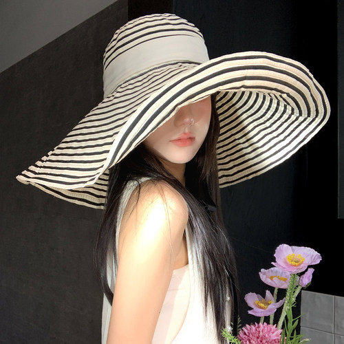 超大帽檐条纹绑带渔夫帽女夏季