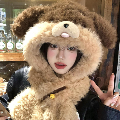 可爱小狗耳朵毛绒帽子围巾一体