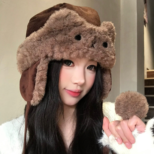 可爱兔耳麂皮绒咖色毛绒帽女冬季加厚护耳帽子保暖骑行防寒雷锋帽