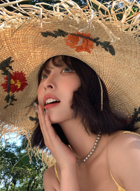 法式拉菲草花朵草帽女夏季沙滩