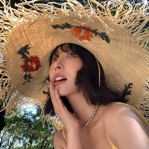 法式拉菲草花朵草帽女夏季沙滩